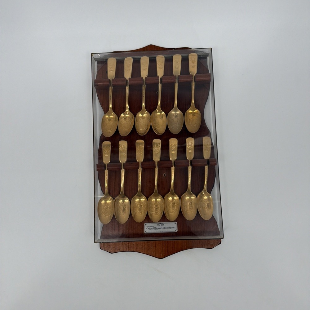 Vintage 1976 Bicentennial 13 Colonies Spoon Set Gold Electroplate Display Case